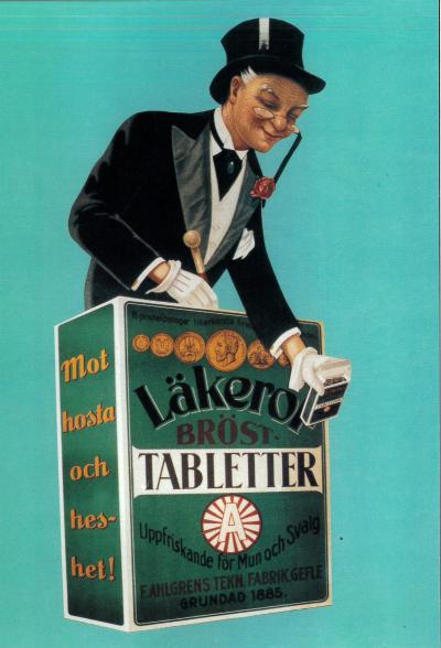 Lakerol Candy Advertisement with a man in a top hat opening a packet of Lakerol